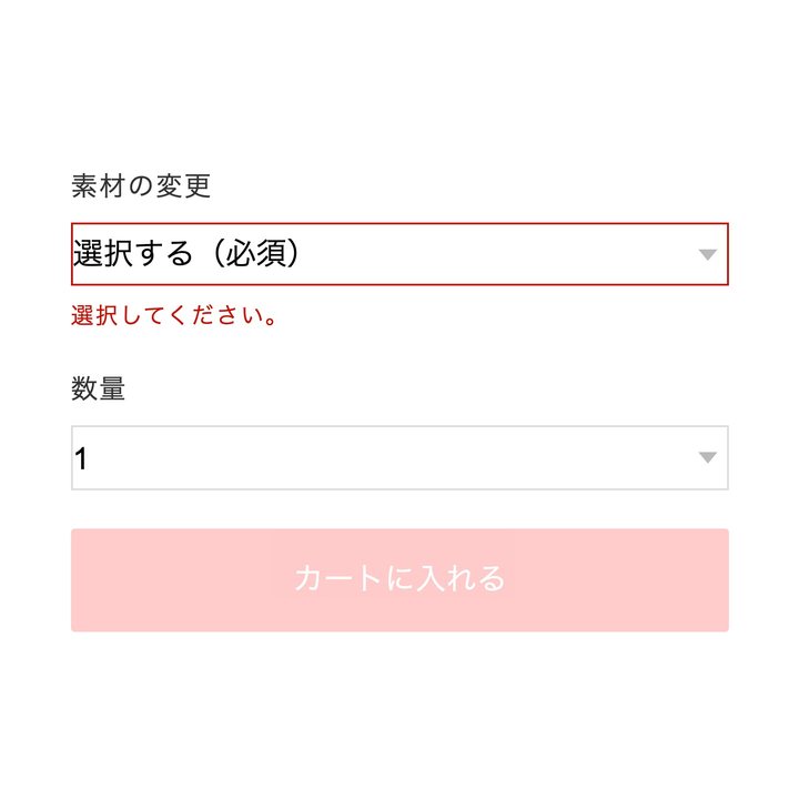 必須のオプションを選ばずにカートに入れようとしたとき。項目が赤枠になり「選択してください。」と表示されている