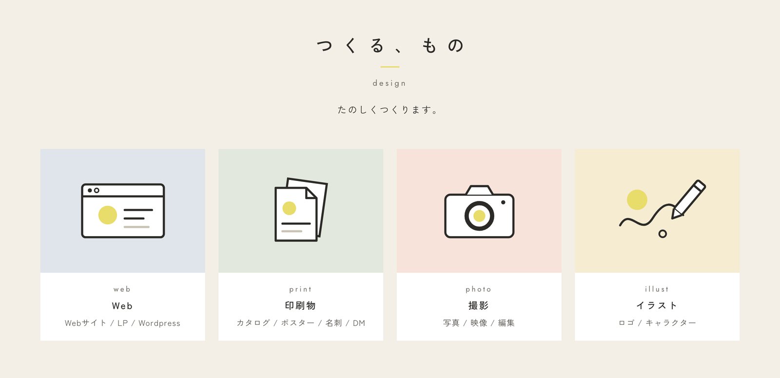 「つくる、もの」の4枚のカード。淡い色の面に線画と黄色いまる