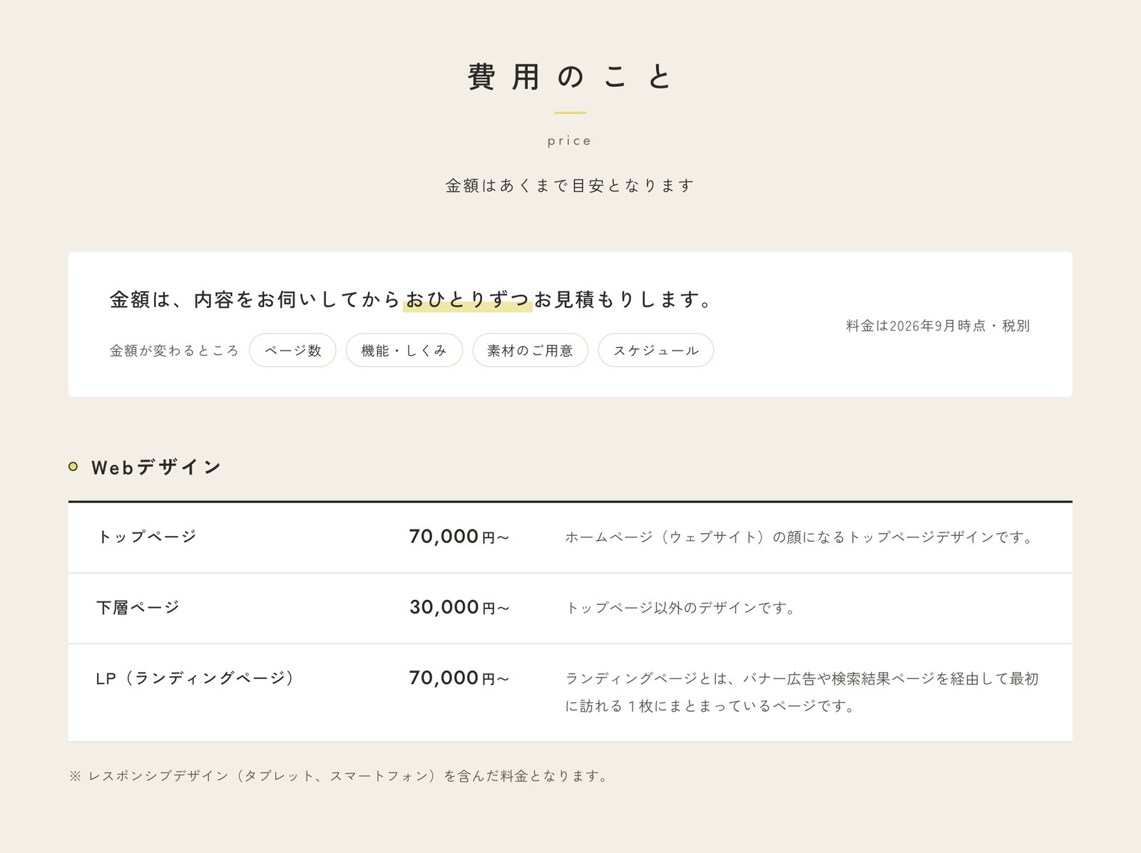 「費用のこと」の冒頭。おひとりずつお見積もりする旨と、金額が変わるところのタグ